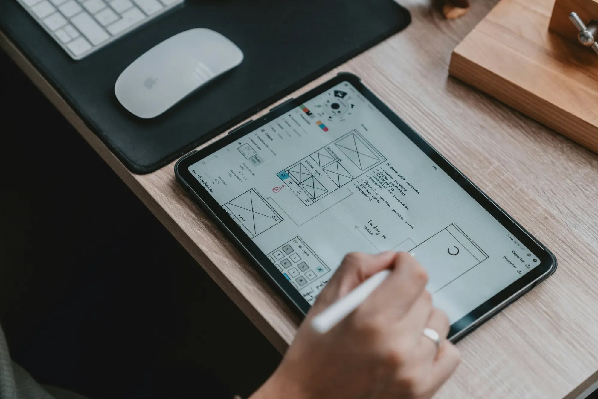 Stylus drawing website wireframes on a tablet
